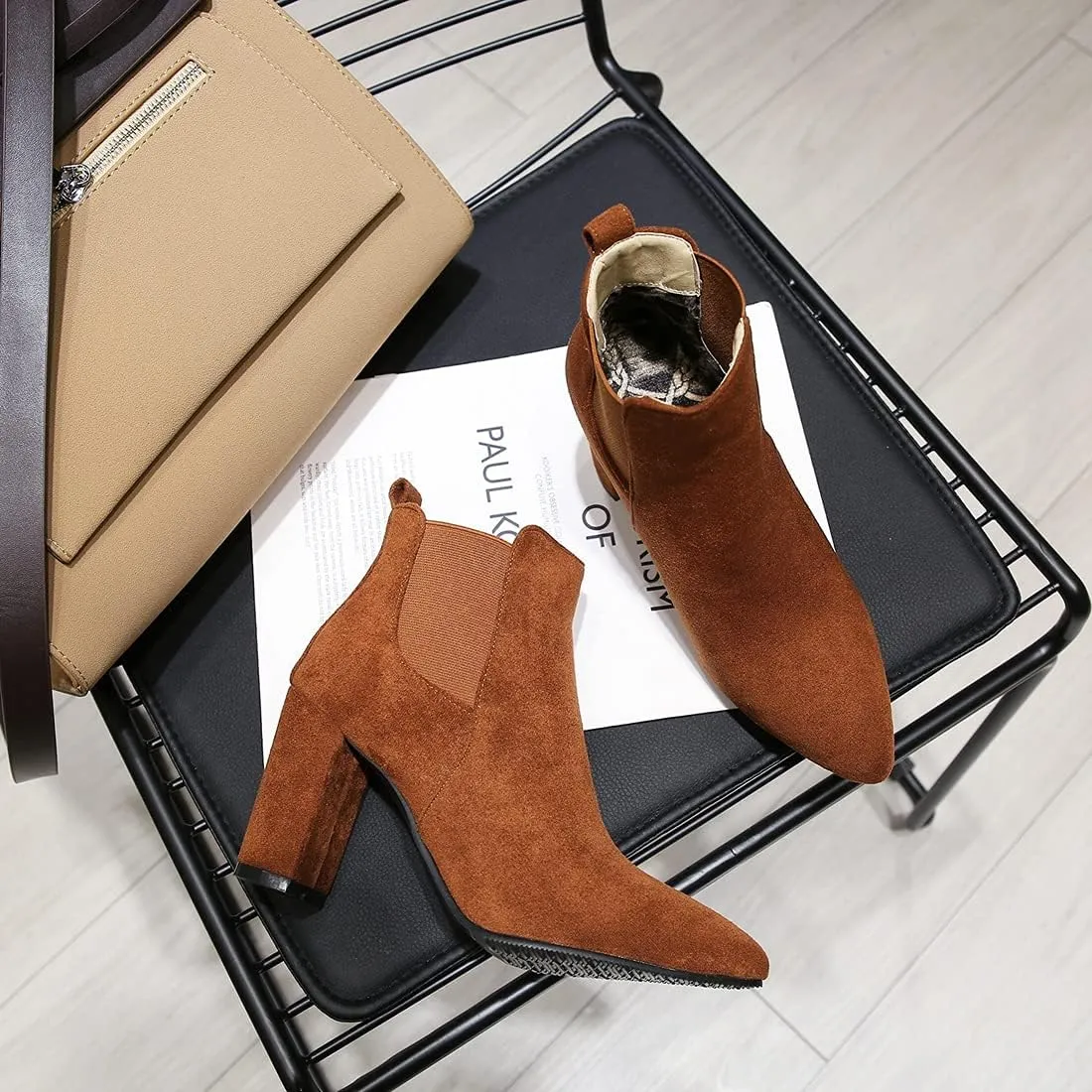 VOKLIN Women's Chunky Block High Heels Ankle Boots Pointed Toe Suede Elastic Side Panel Dressy Short Booties