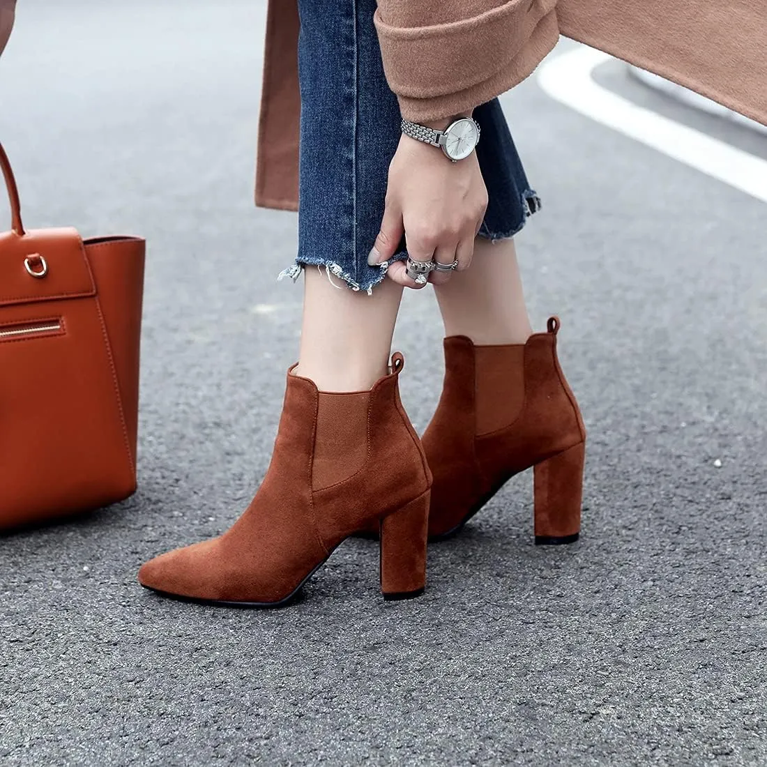 VOKLIN Women's Chunky Block High Heels Ankle Boots Pointed Toe Suede Elastic Side Panel Dressy Short Booties