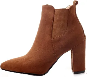 VOKLIN Women's Chunky Block High Heels Ankle Boots Pointed Toe Suede Elastic Side Panel Dressy Short Booties