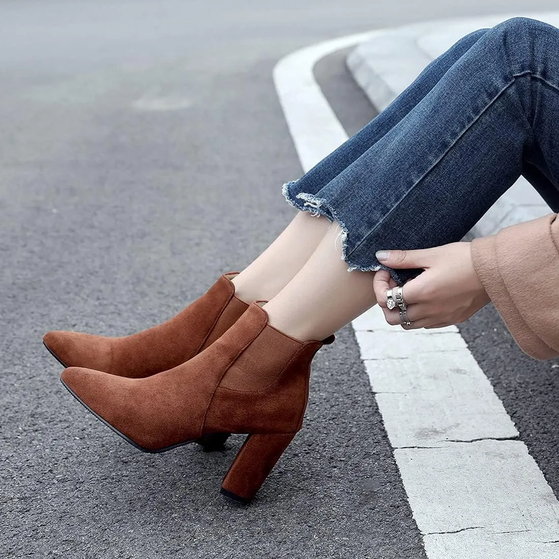 VOKLIN Women's Chunky Block High Heels Ankle Boots Pointed Toe Suede Elastic Side Panel Dressy Short Booties
