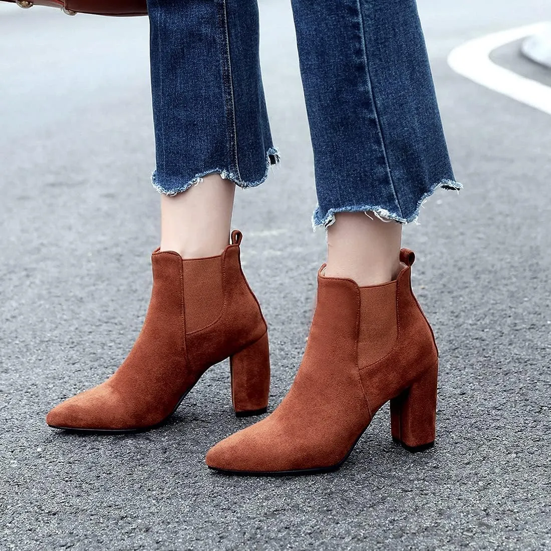 VOKLIN Women's Chunky Block High Heels Ankle Boots Pointed Toe Suede Elastic Side Panel Dressy Short Booties