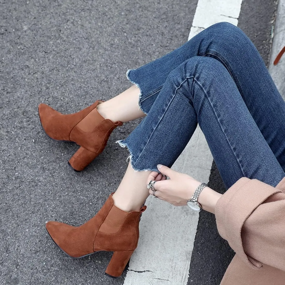 VOKLIN Women's Chunky Block High Heels Ankle Boots Pointed Toe Suede Elastic Side Panel Dressy Short Booties