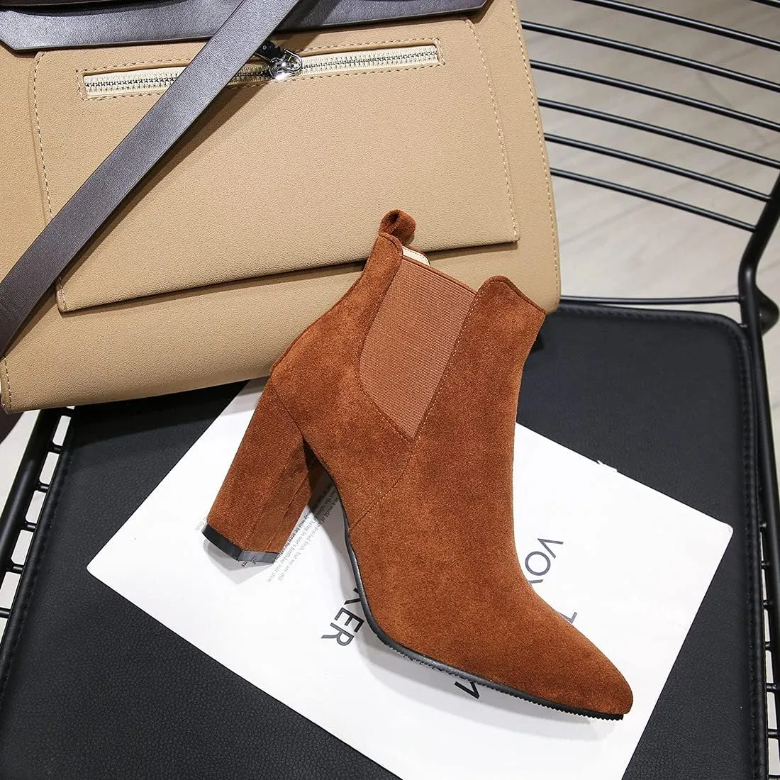 VOKLIN Women's Chunky Block High Heels Ankle Boots Pointed Toe Suede Elastic Side Panel Dressy Short Booties