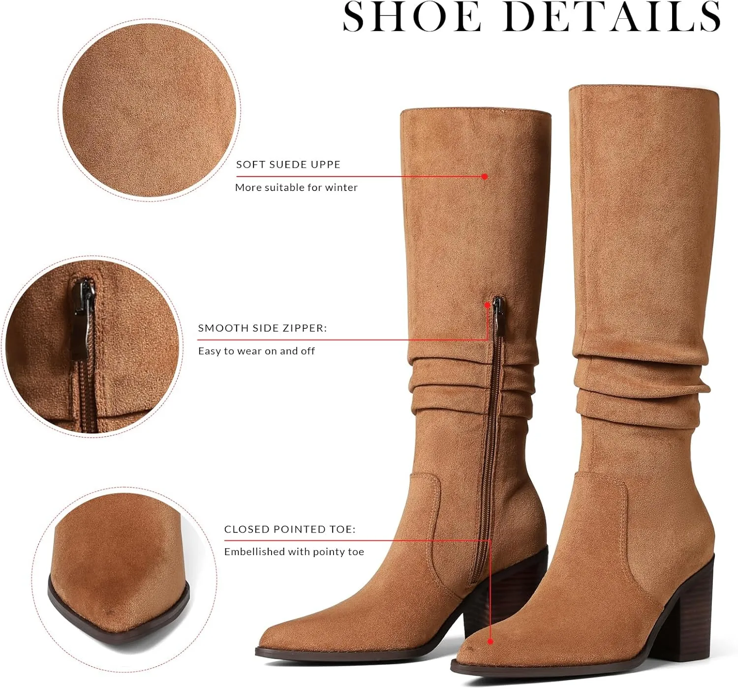 VOMIRA Knee High Boots Women Suede Boots Pointy Toe Chunky Block Heels Side Zipper Wide Calf Boots Fashion Dress Tall Boots Fall Winter Long Boots
