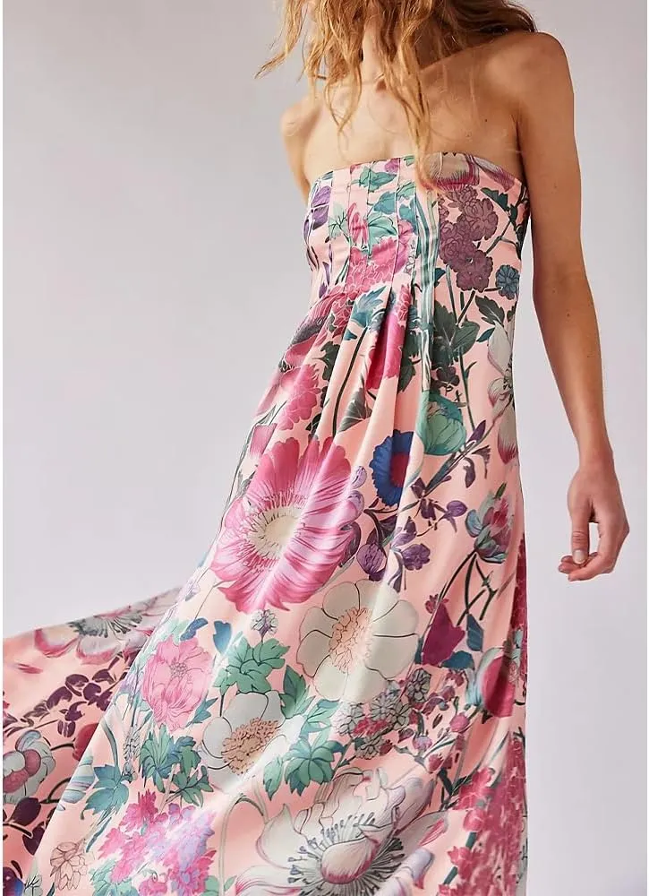 Women Boho Floral Maxi Dress Backless Spaghetti Strap A-Line Flowy Summer Vacation Long Dress