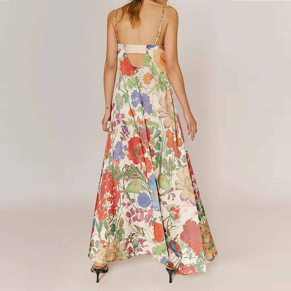Women Boho Floral Maxi Dress Backless Spaghetti Strap A-Line Flowy Summer Vacation Long Dress