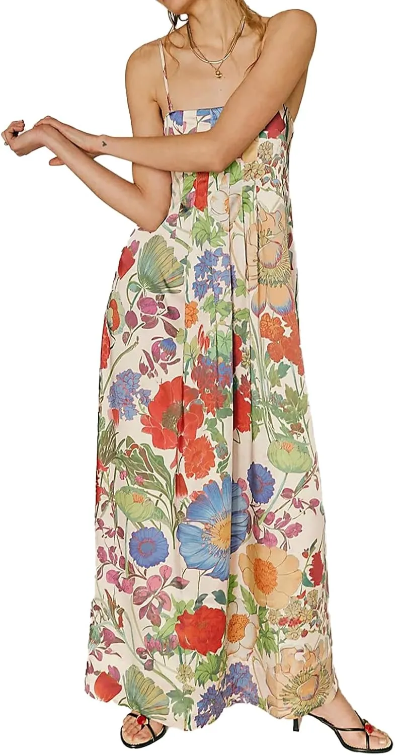 Women Boho Floral Maxi Dress Backless Spaghetti Strap A-Line Flowy Summer Vacation Long Dress