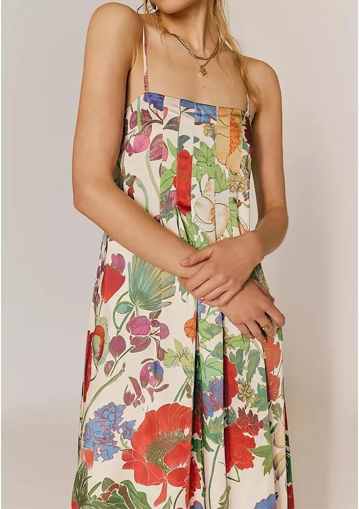 Women Boho Floral Maxi Dress Backless Spaghetti Strap A-Line Flowy Summer Vacation Long Dress