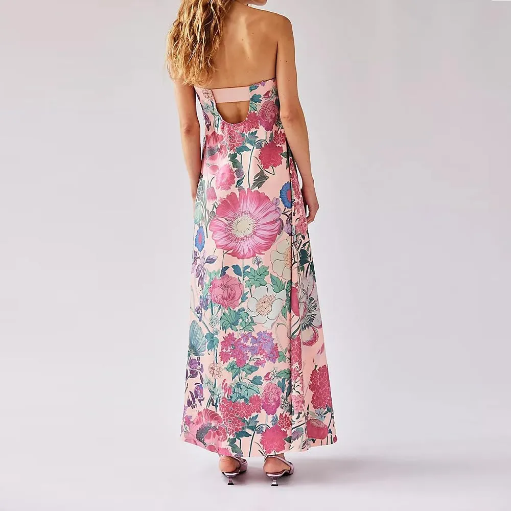 Women Boho Floral Maxi Dress Backless Spaghetti Strap A-Line Flowy Summer Vacation Long Dress