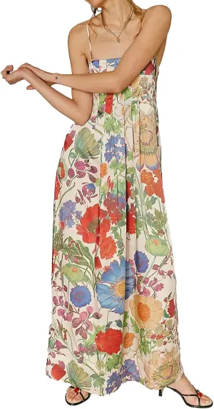 Women Boho Floral Maxi Dress Backless Spaghetti Strap A-Line Flowy Summer Vacation Long Dress