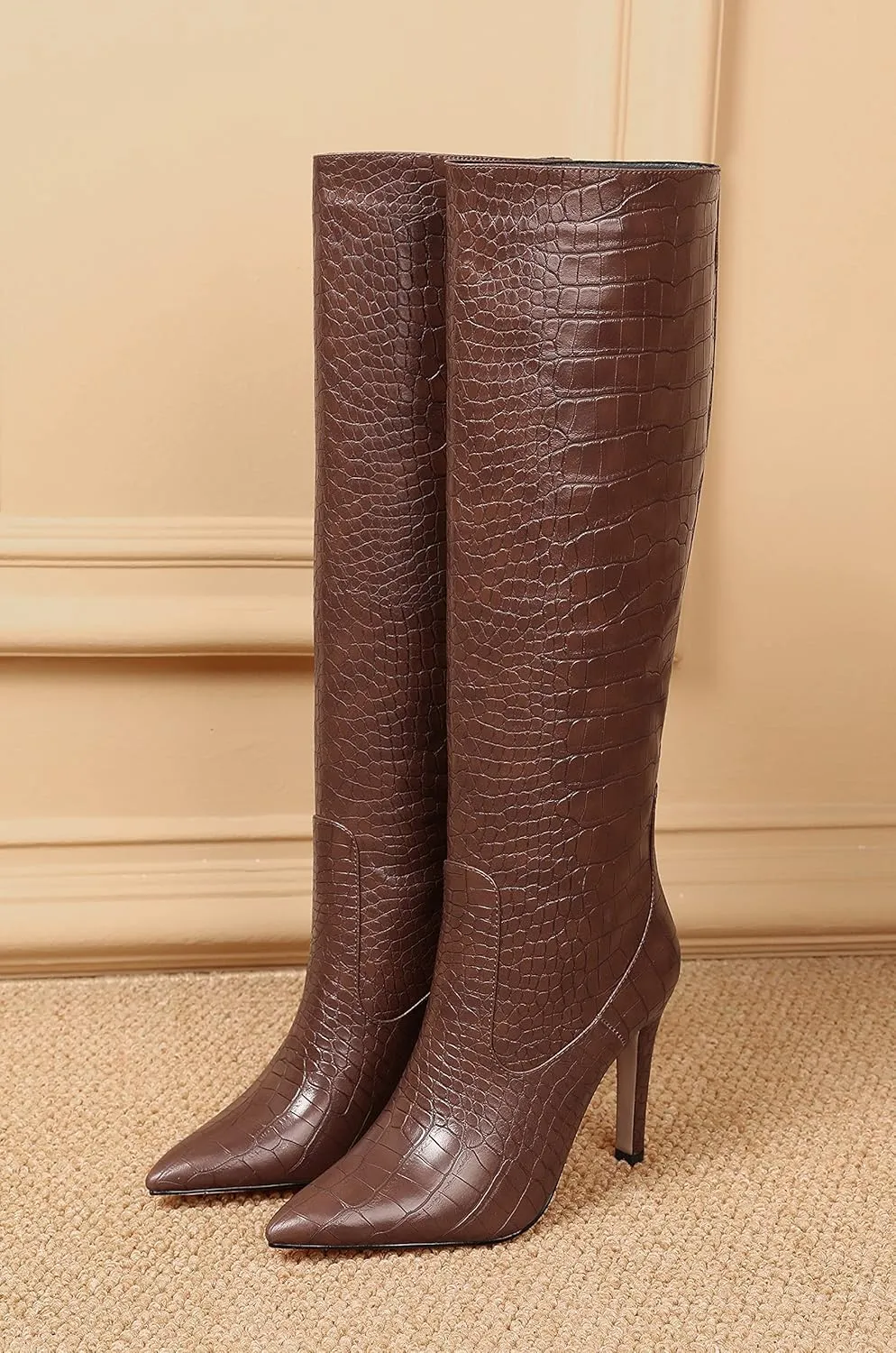 Women Fancy Croc Prints Knee High Boots Pointed Toe Stiletto High Heel Embossed Solid Dress Shoes