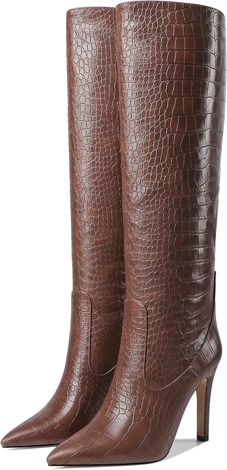 Women Fancy Croc Prints Knee High Boots Pointed Toe Stiletto High Heel Embossed Solid Dress Shoes