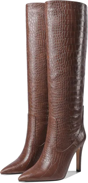 Women Fancy Croc Prints Knee High Boots Pointed Toe Stiletto High Heel Embossed Solid Dress Shoes