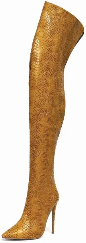 Women Sexy Snake Skin Printed Over the Knee Stiletto Boots Pointed Toe Embossed High Heel Shoes