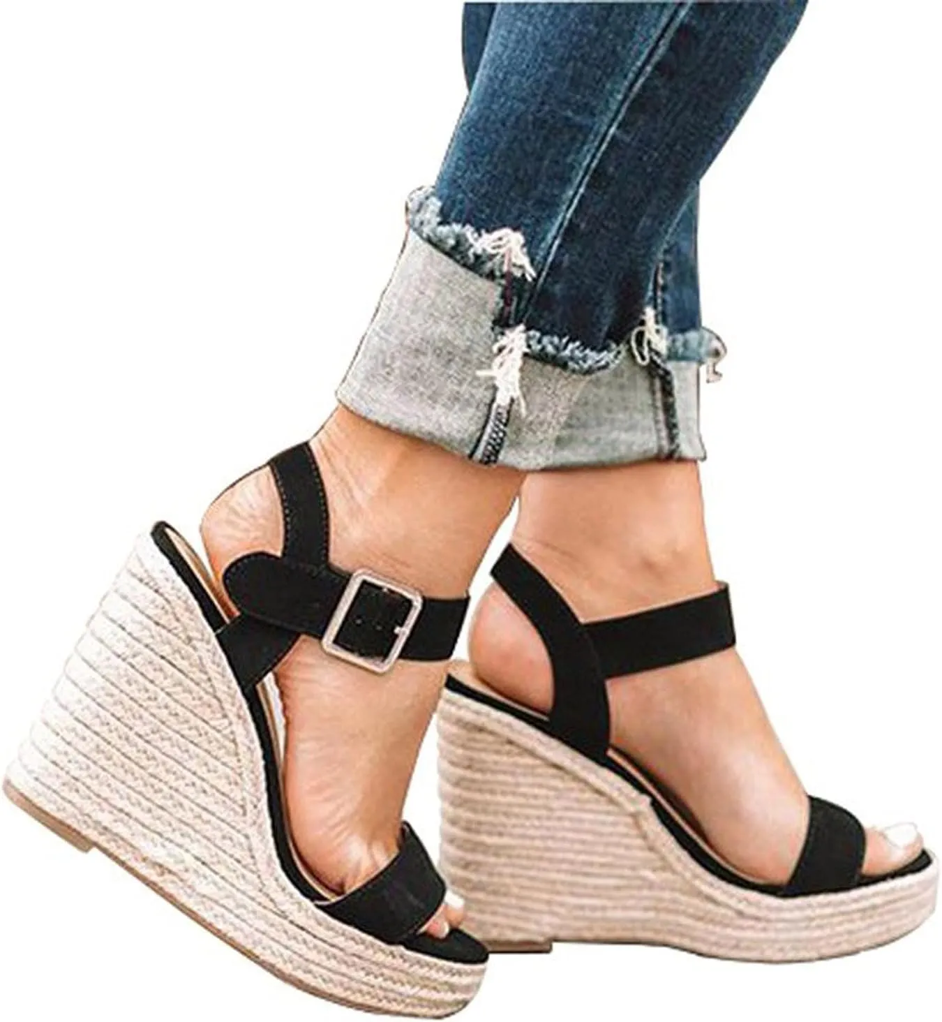 Women Slope Open Toe Large Size Wedge Sandals Buckle Belt Summer Heel Weaving Women's sandals Hiking Women