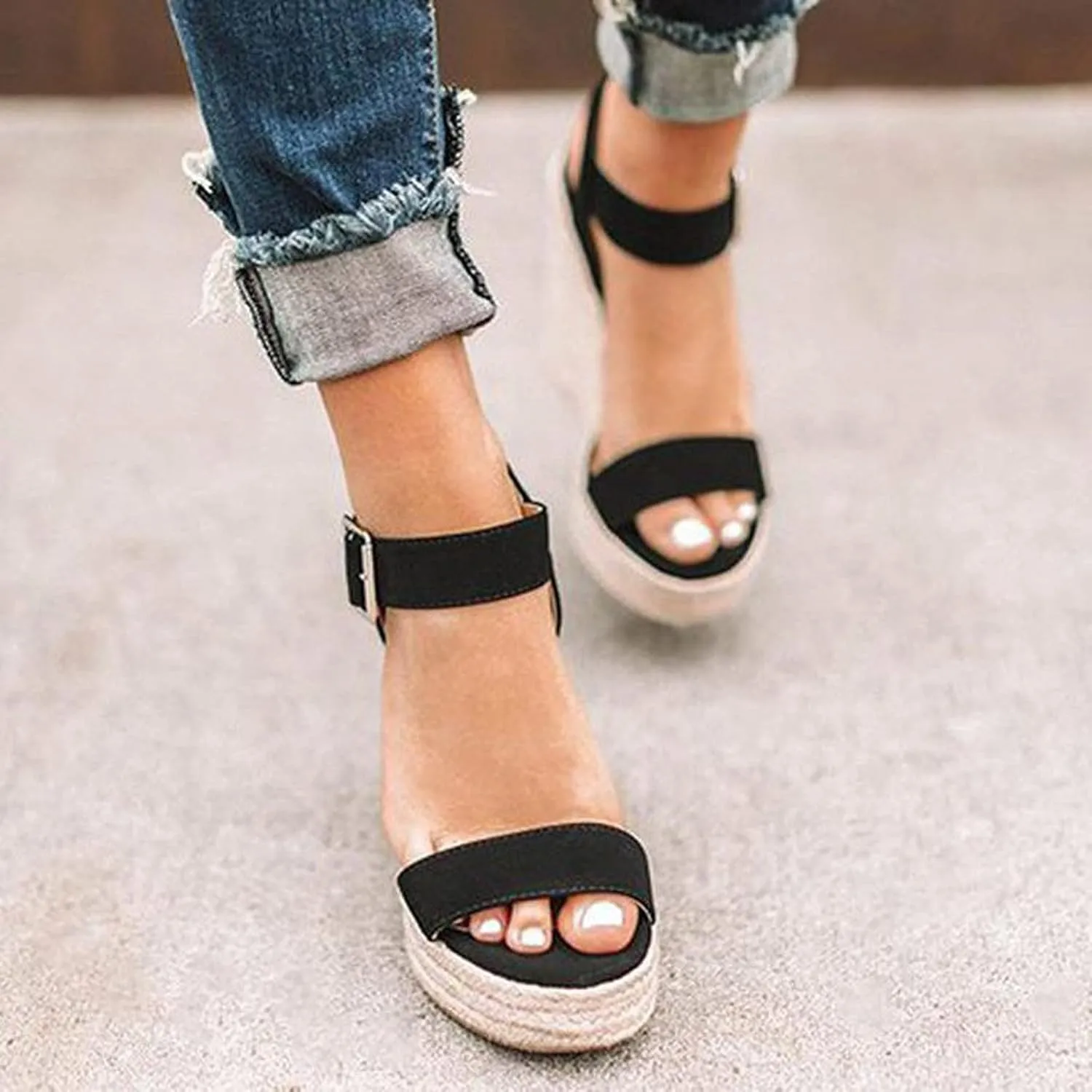 Women Slope Open Toe Large Size Wedge Sandals Buckle Belt Summer Heel Weaving Women's sandals Hiking Women