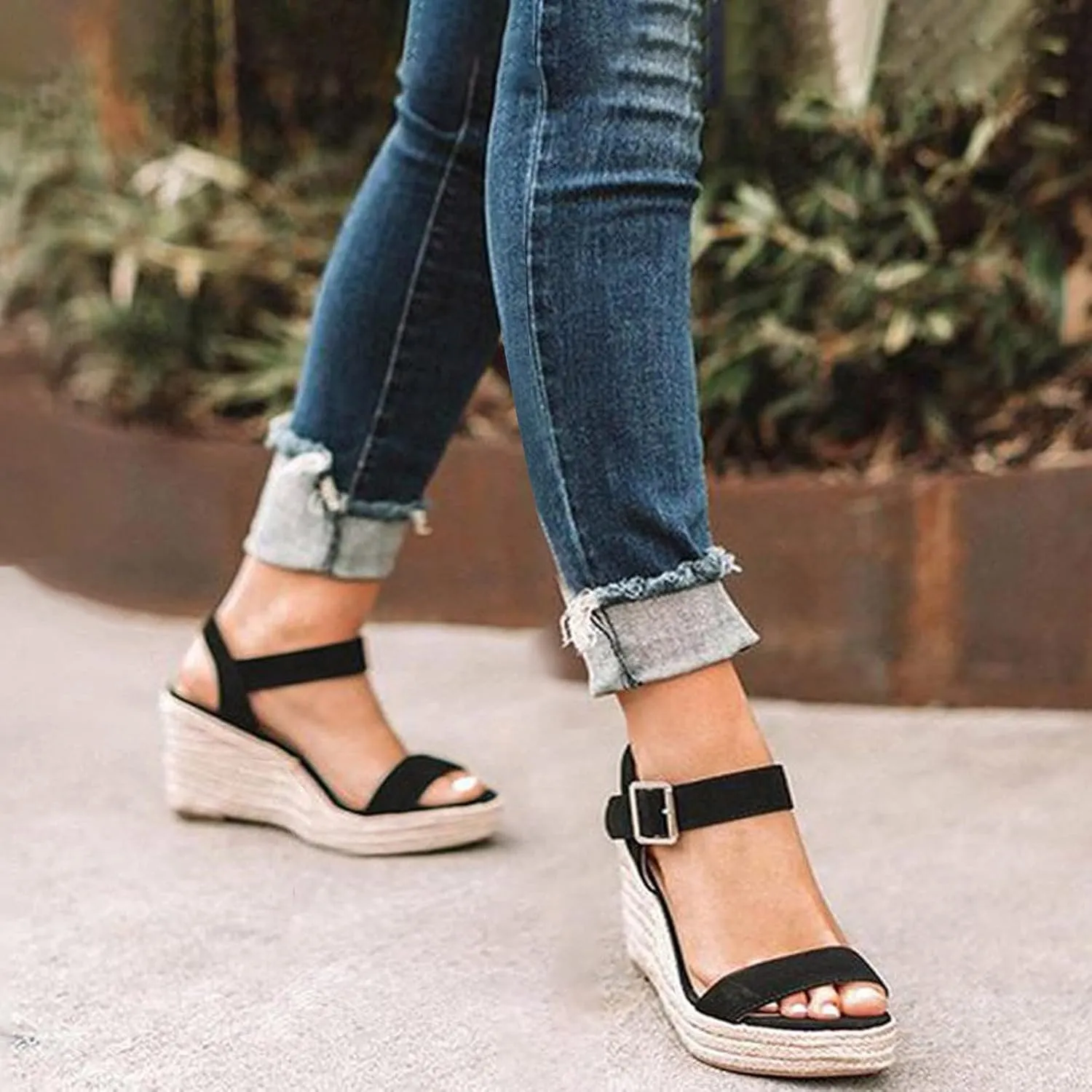 Women Slope Open Toe Large Size Wedge Sandals Buckle Belt Summer Heel Weaving Women's sandals Hiking Women