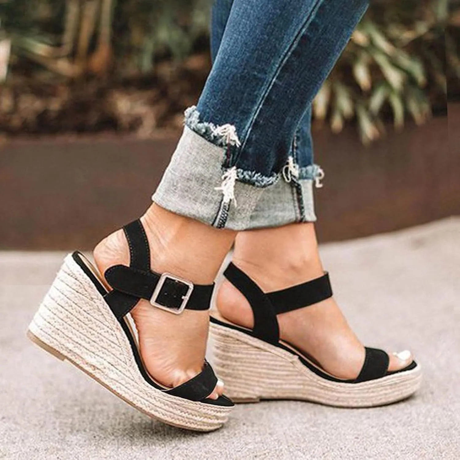 Women Slope Open Toe Large Size Wedge Sandals Buckle Belt Summer Heel Weaving Women's sandals Hiking Women
