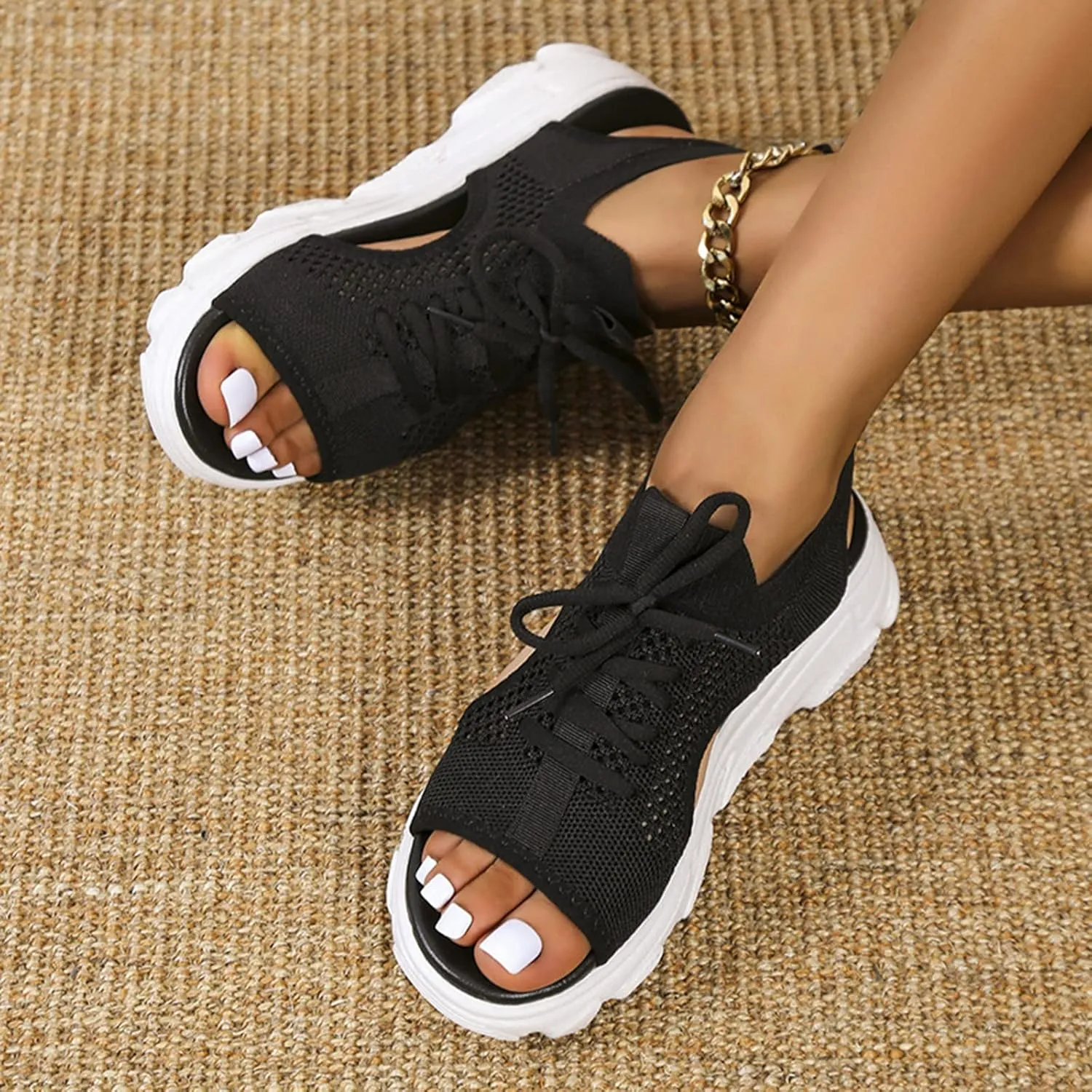 Women Summer Athletic Shoes Sandals Mesh Casual Thick Soled Lace Up Sandals Open Toe Beach Shoes Wedge Sandals for Women