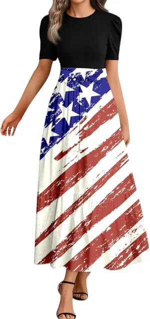 Women's American Flag Maxi Dress 4th of July Red White and Blue Patriotic USA Memorial Short Sleeve Crew Neck Dresses