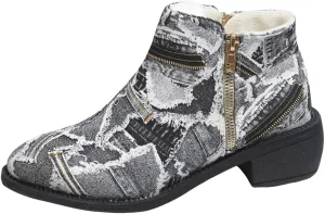 Women's Ankle Boot - Denim Ankle Boots for Women Western Vintage Zipper Pointe Toe Chunky Low Heel Booties Canvas Slip On Fashion Classic Short Boots Fall Winter Dress Shoes
