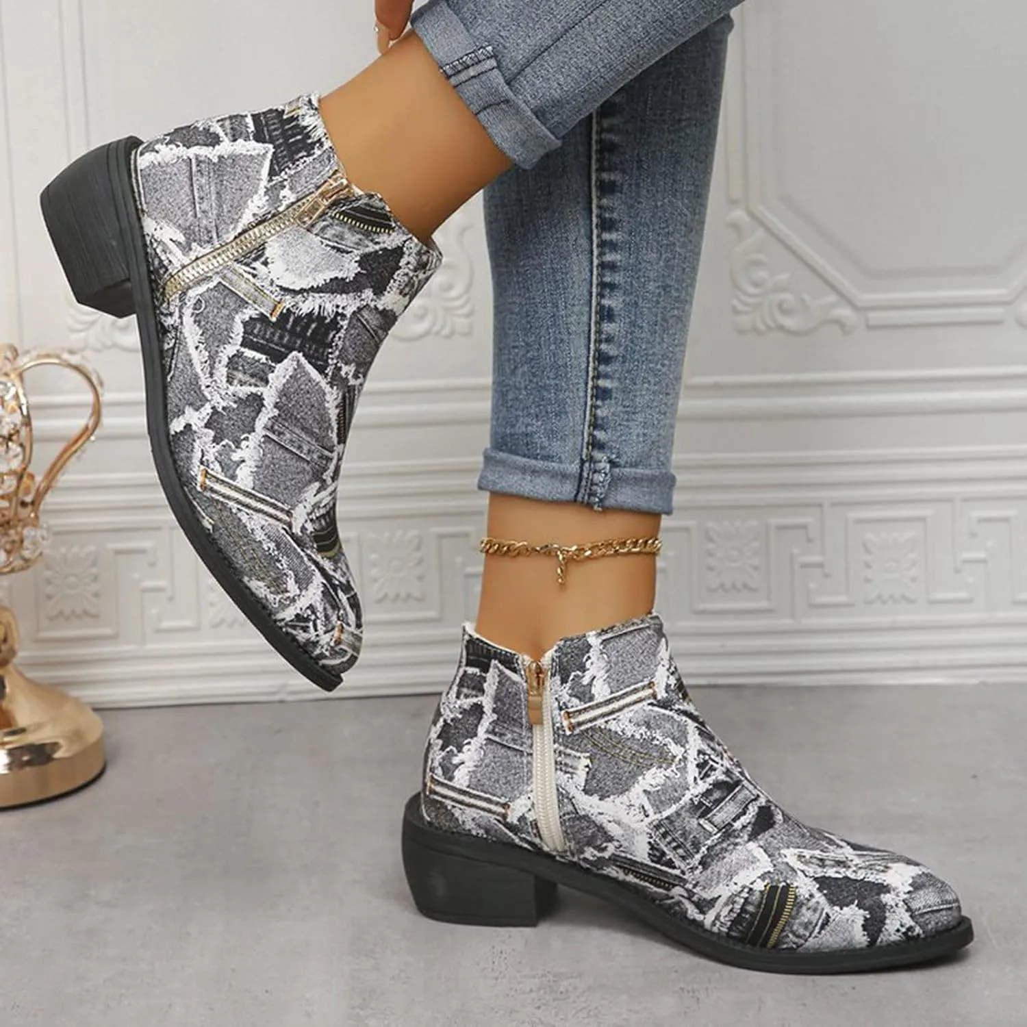 Women's Ankle Boot - Denim Ankle Boots for Women Western Vintage Zipper Pointe Toe Chunky Low Heel Booties Canvas Slip On Fashion Classic Short Boots Fall Winter Dress Shoes