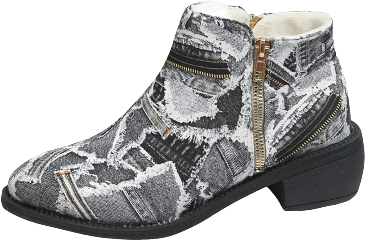 Women's Ankle Boot - Denim Ankle Boots for Women Western Vintage Zipper Pointe Toe Chunky Low Heel Booties Canvas Slip On Fashion Classic Short Boots Fall Winter Dress Shoes