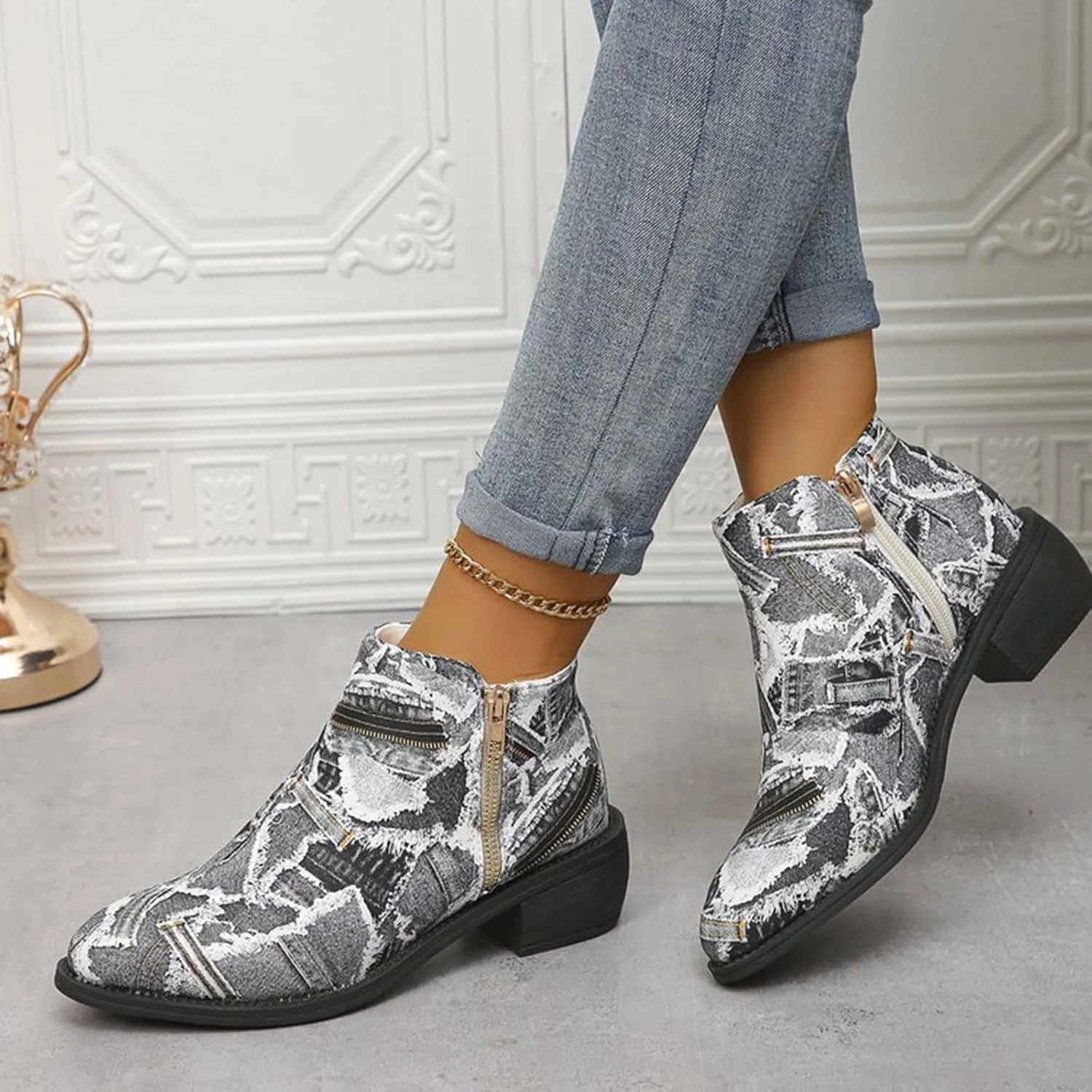 Women's Ankle Boot - Denim Ankle Boots for Women Western Vintage Zipper Pointe Toe Chunky Low Heel Booties Canvas Slip On Fashion Classic Short Boots Fall Winter Dress Shoes