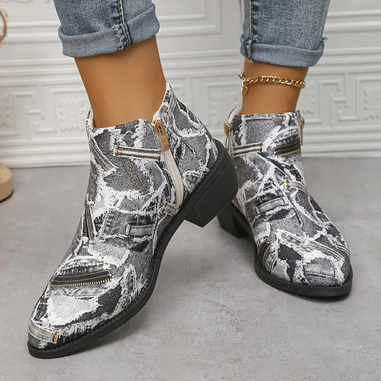 Women's Ankle Boot - Denim Ankle Boots for Women Western Vintage Zipper Pointe Toe Chunky Low Heel Booties Canvas Slip On Fashion Classic Short Boots Fall Winter Dress Shoes