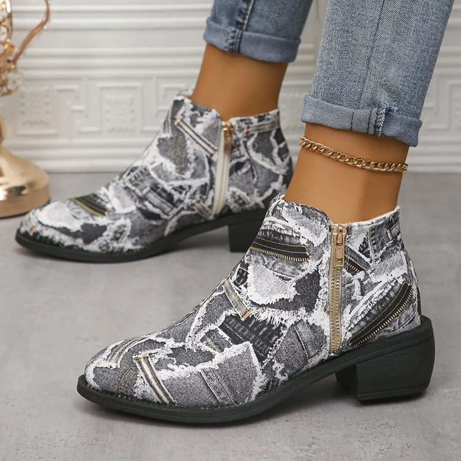 Women's Ankle Boot - Denim Ankle Boots for Women Western Vintage Zipper Pointe Toe Chunky Low Heel Booties Canvas Slip On Fashion Classic Short Boots Fall Winter Dress Shoes