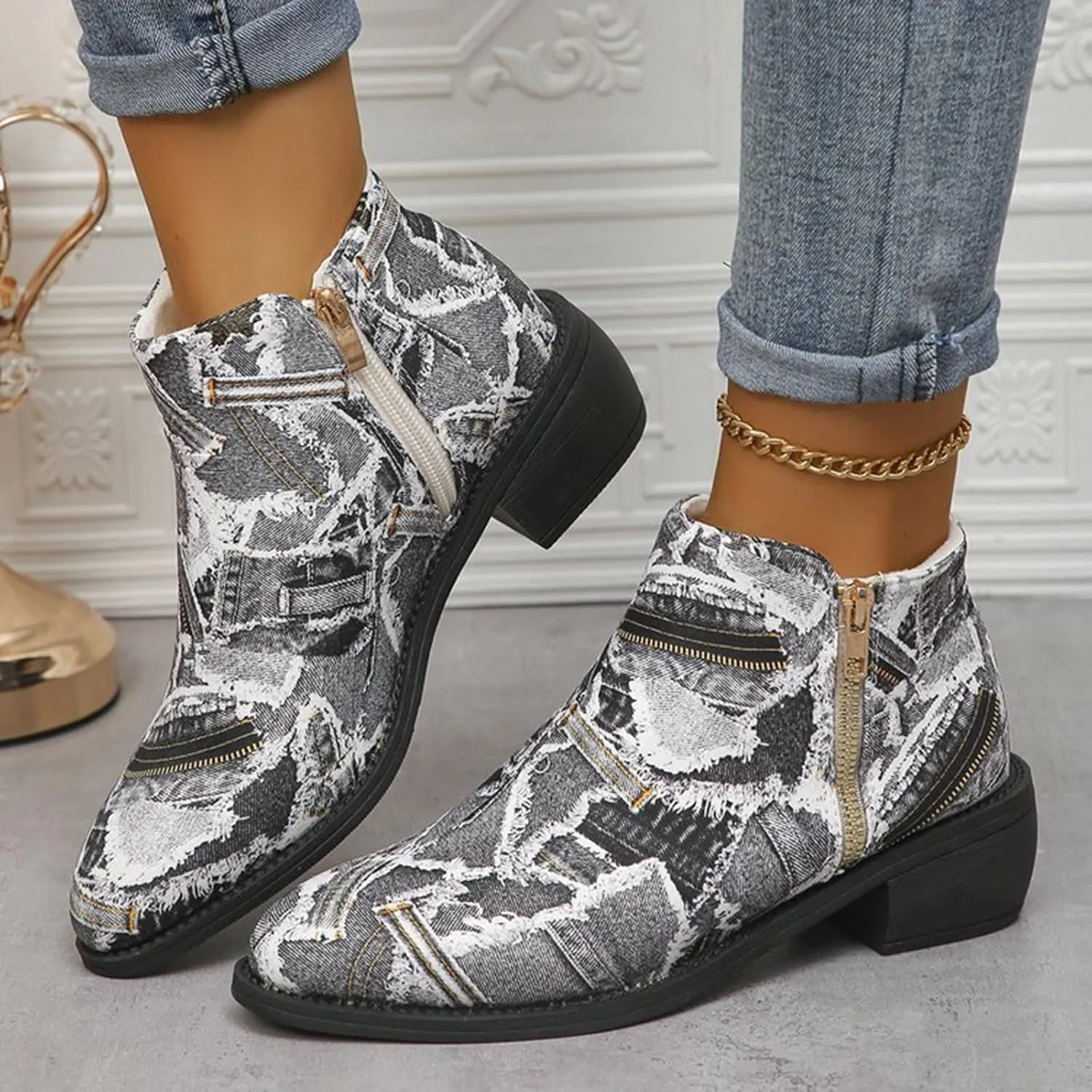 Women's Ankle Boot - Denim Ankle Boots for Women Western Vintage Zipper Pointe Toe Chunky Low Heel Booties Canvas Slip On Fashion Classic Short Boots Fall Winter Dress Shoes