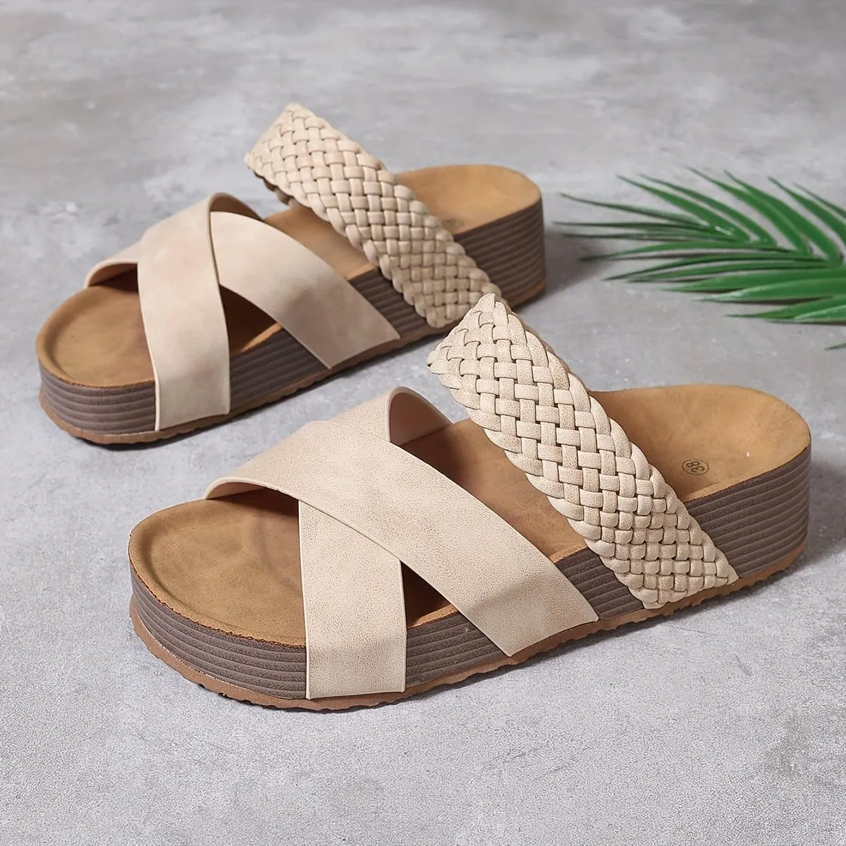 Women's Big Size Summer Braided Slide Sandals – Thick Sole Platform, Cross-Strap Design, Solid Colors, Comfy Open Toe