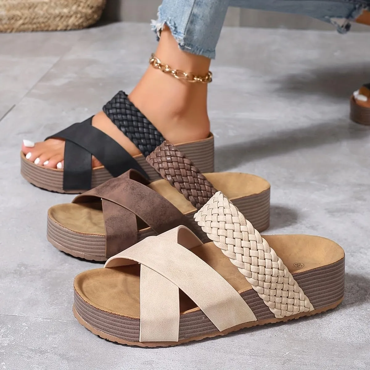 Women's Big Size Summer Braided Slide Sandals – Thick Sole Platform, Cross-Strap Design, Solid Colors, Comfy Open Toe