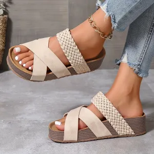 Women's Big Size Summer Braided Slide Sandals – Thick Sole Platform, Cross-Strap Design, Solid Colors, Comfy Open Toe