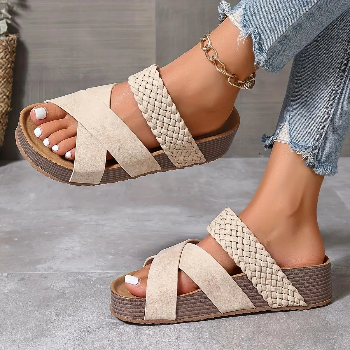 Women's Big Size Summer Braided Slide Sandals – Thick Sole Platform, Cross-Strap Design, Solid Colors, Comfy Open Toe