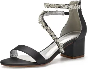 Women's Block Wedding Heels for Bride Chunky Heeled Sandals Rhinestones Bridal Shoes