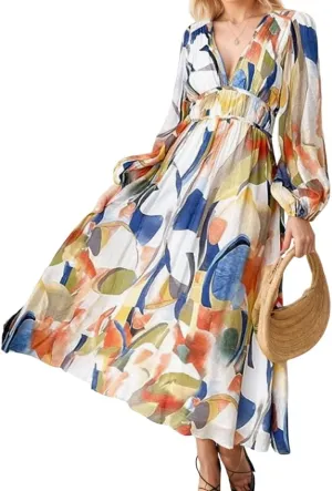 Womens Boho Elastic Empire Waist Lattern Long Sleeve Swing Dress Spring Summer Casual Floral V Neck Maxi Dresses