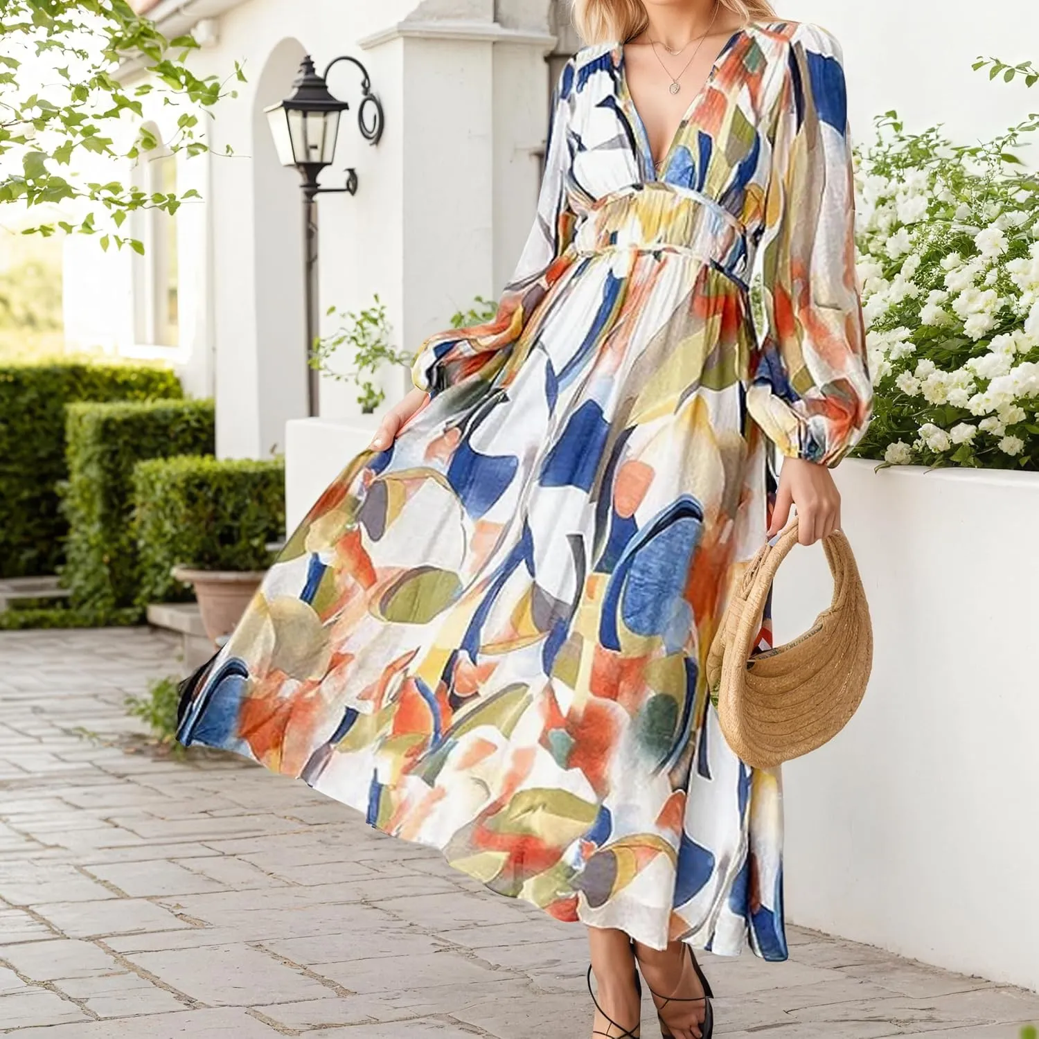 Womens Boho Elastic Empire Waist Lattern Long Sleeve Swing Dress Spring Summer Casual Floral V Neck Maxi Dresses