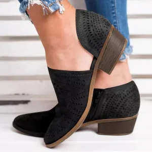 Women's Booties Boho Round Toe Hollow Out V Cut Slip On Chunky Mid Heels Ankle Boots Bohemian Beach Travel Sandals Shoes