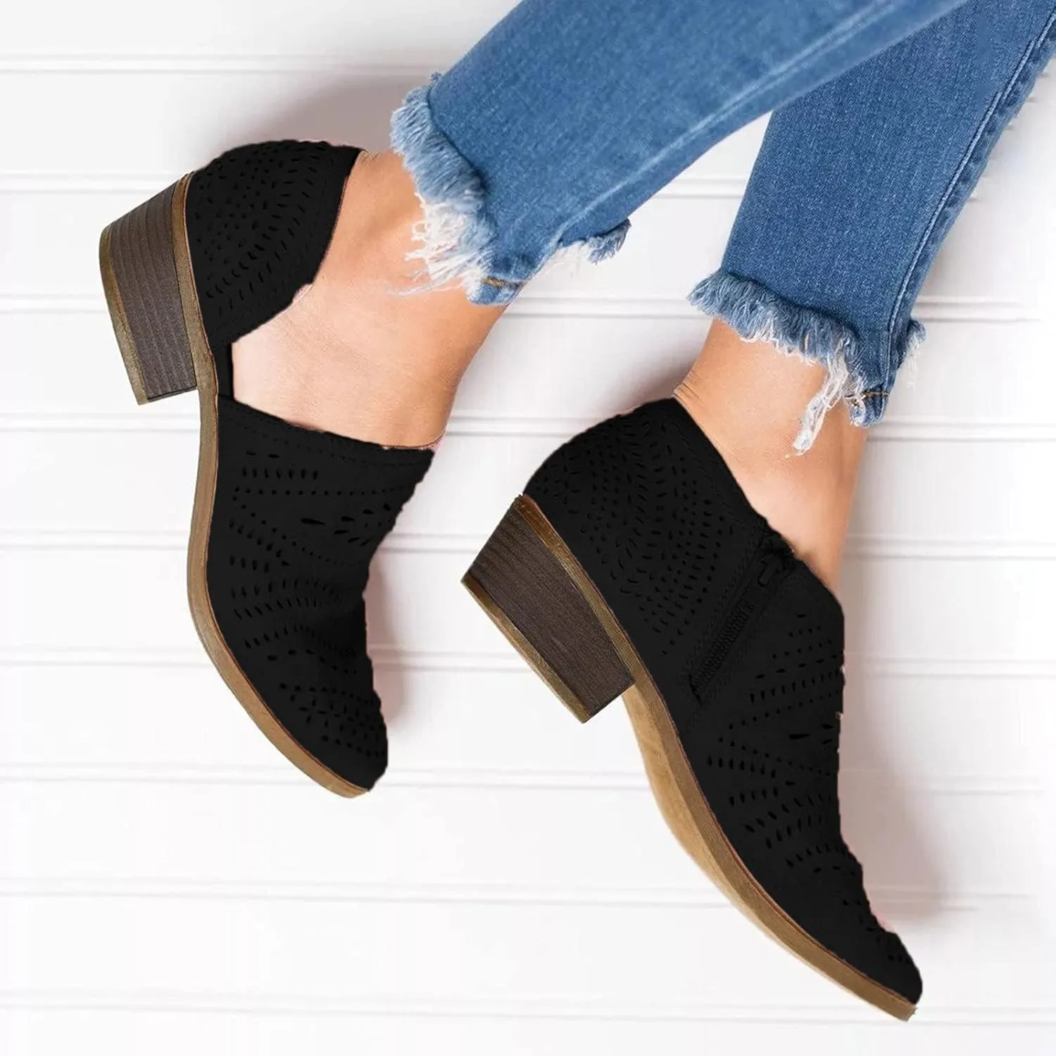 Women's Booties Boho Round Toe Hollow Out V Cut Slip On Chunky Mid Heels Ankle Boots Bohemian Beach Travel Sandals Shoes