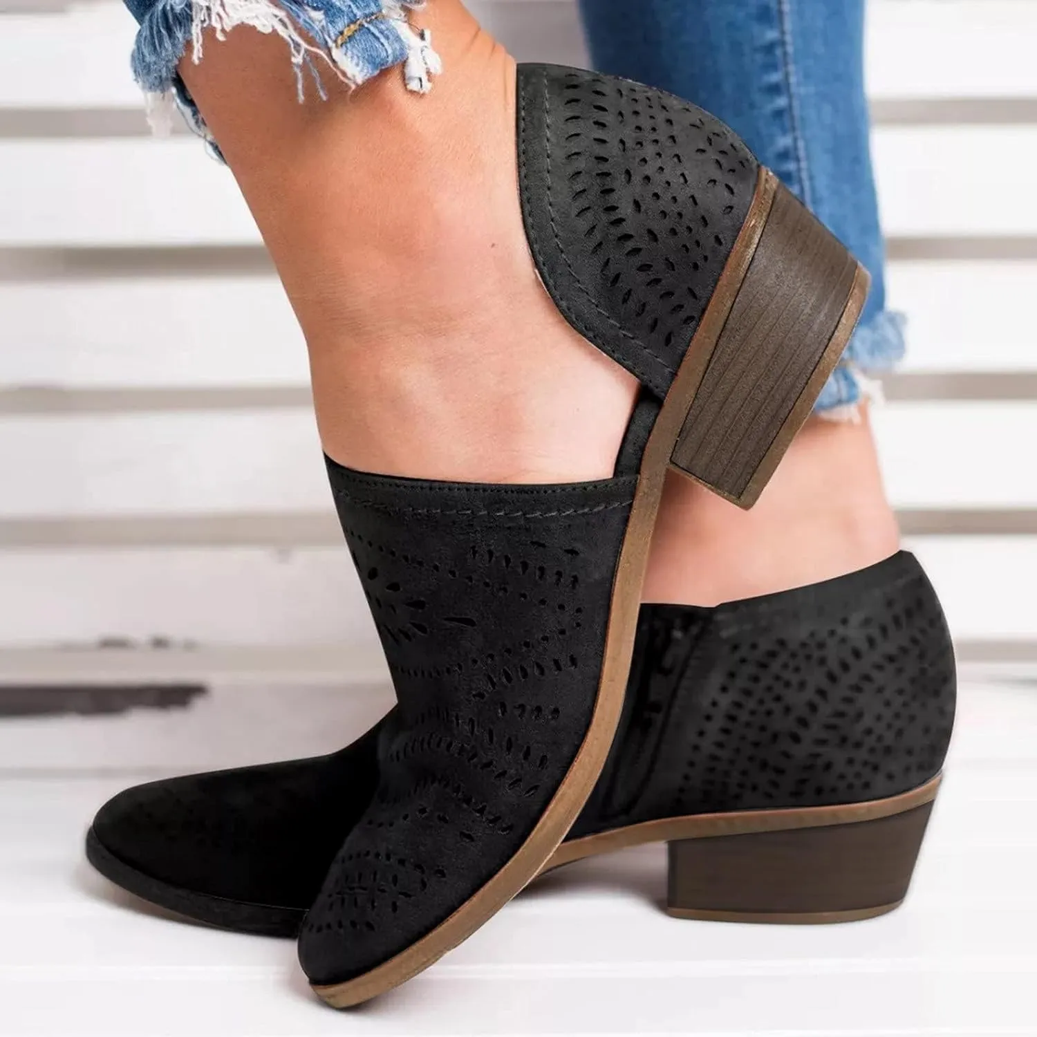 Women's Booties Boho Round Toe Hollow Out V Cut Slip On Chunky Mid Heels Ankle Boots Bohemian Beach Travel Sandals Shoes