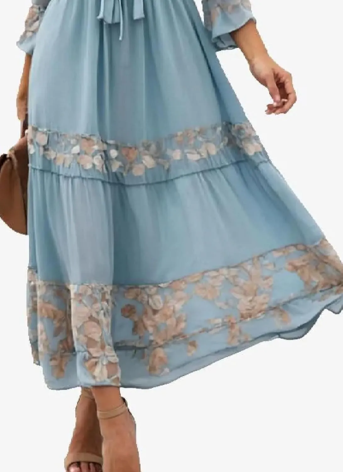 Womens Breezy Floral Midi Dress V-Neck Long Sleeve Wrap Tiered Ruffle Romantic Garden Tea Parties Spring Dress