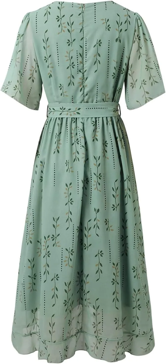 Women's Chiffon Floral Dresses Casual V Neck Summer Boho Short Sleeve Beach Flowy Summer Dress Guest Midi Dress