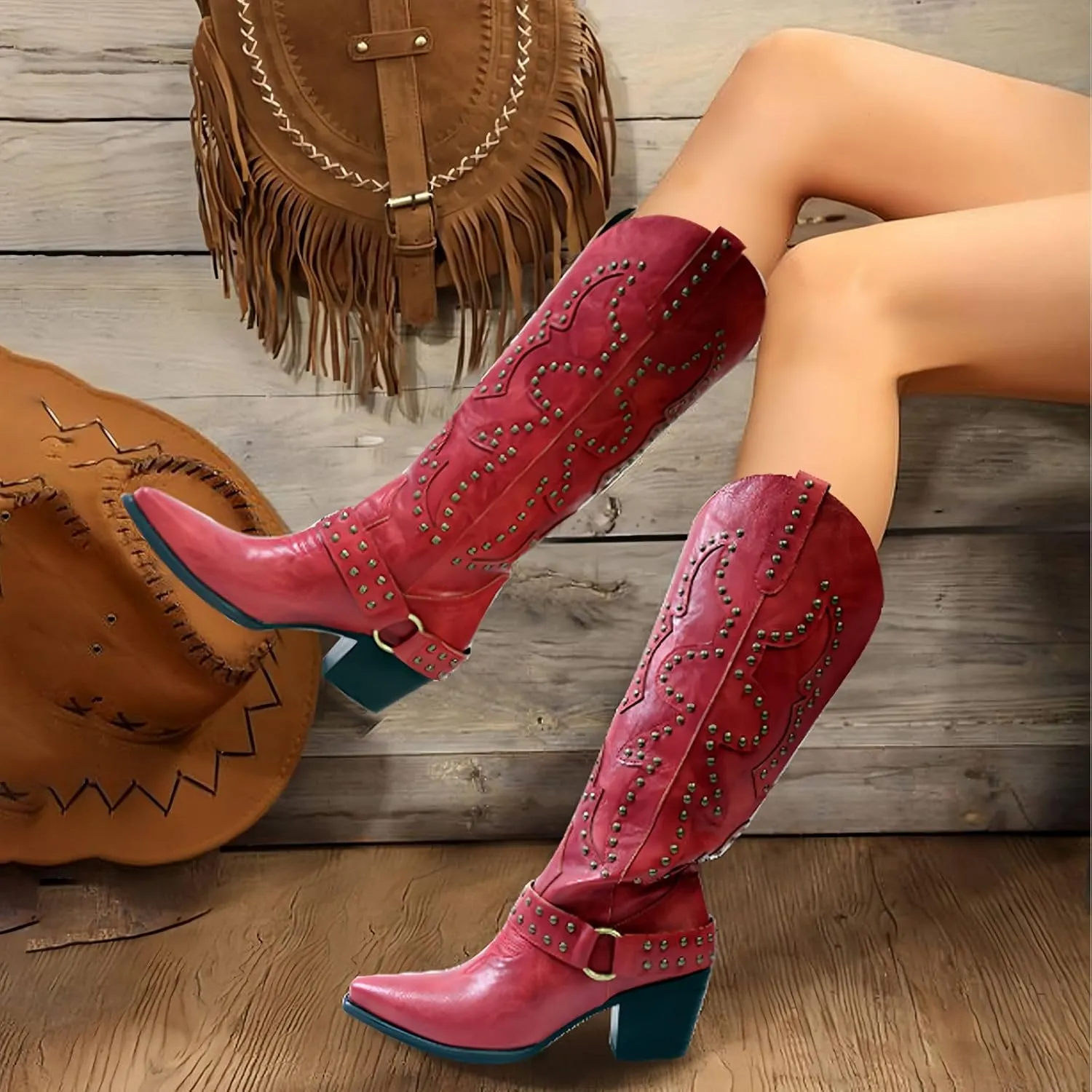 Women's Cowboy Boots Cowgirl Knee High Boots Wide Calf Western Boots Pointed Toe Studded Fashion Thigh High Boots
