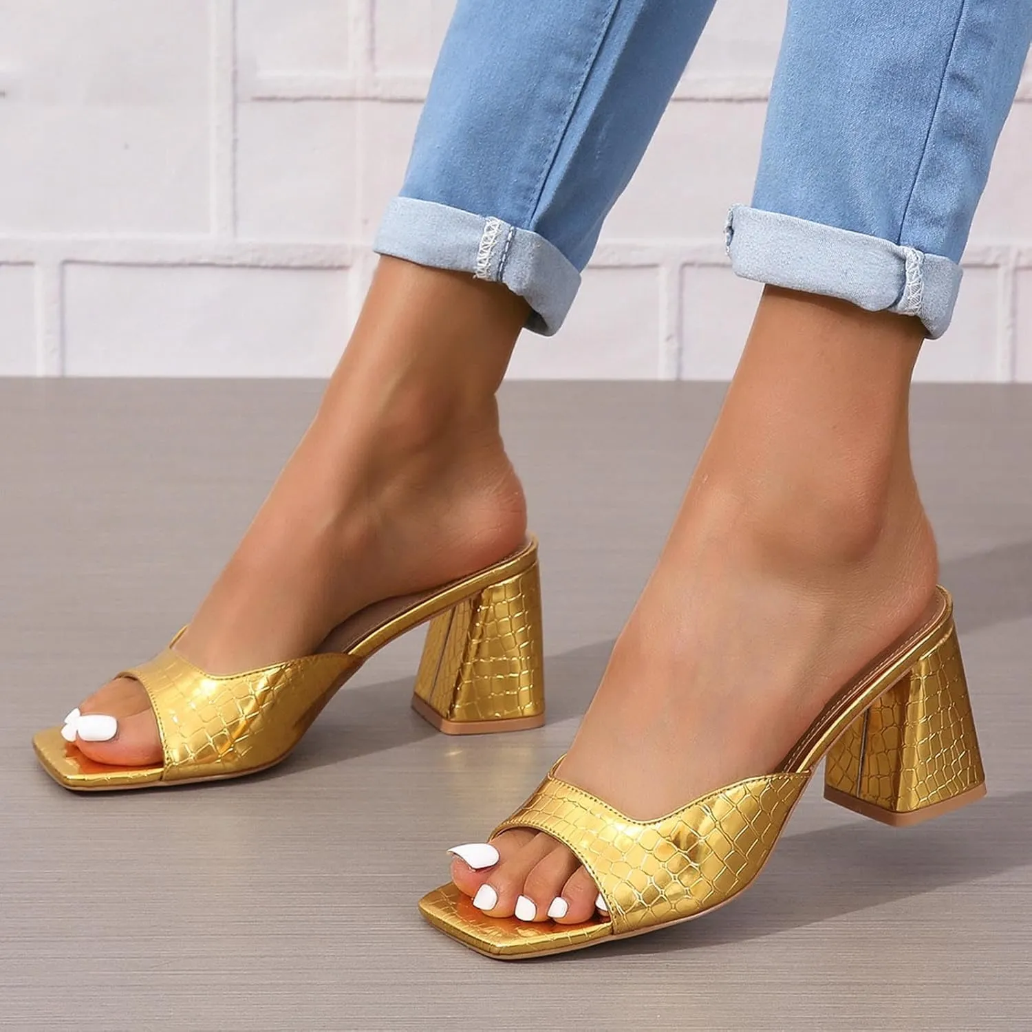 Women's Heels Sandals Arch Support Peep Toes Square Toe Slip On Sparkly Orthopedic Chunky Block Sandal Mid Heeled Ladies Summer Cushion Footbed Non-Slip Dress Comfy Shoes for Outdoor Indoor