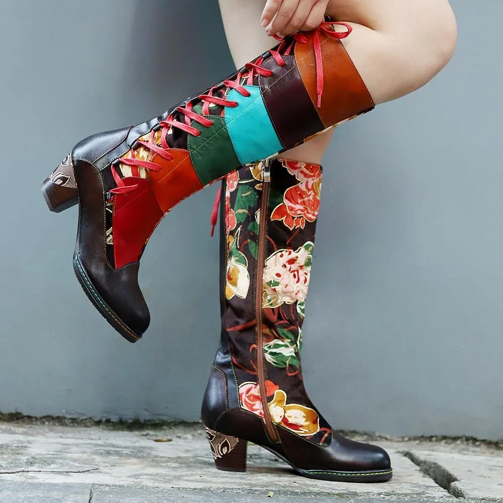 Women's Knee High Boots Floral Patchwork Lacing Chunky Heel Boots Cowboy Cowgirl Boots Vintage Western Mid Calf Boots Fashion Riding Shoes Side Zipper Leather Boots