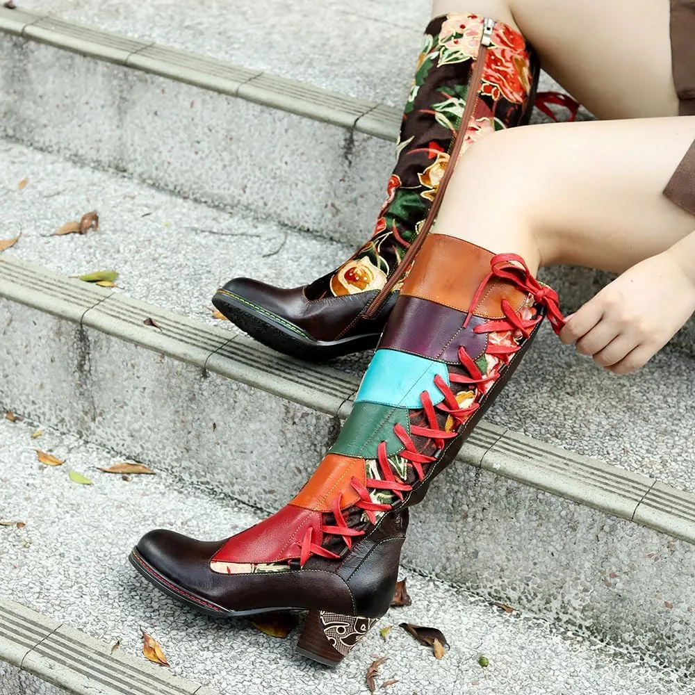 Women's Knee High Boots Floral Patchwork Lacing Chunky Heel Boots Cowboy Cowgirl Boots Vintage Western Mid Calf Boots Fashion Riding Shoes Side Zipper Leather Boots
