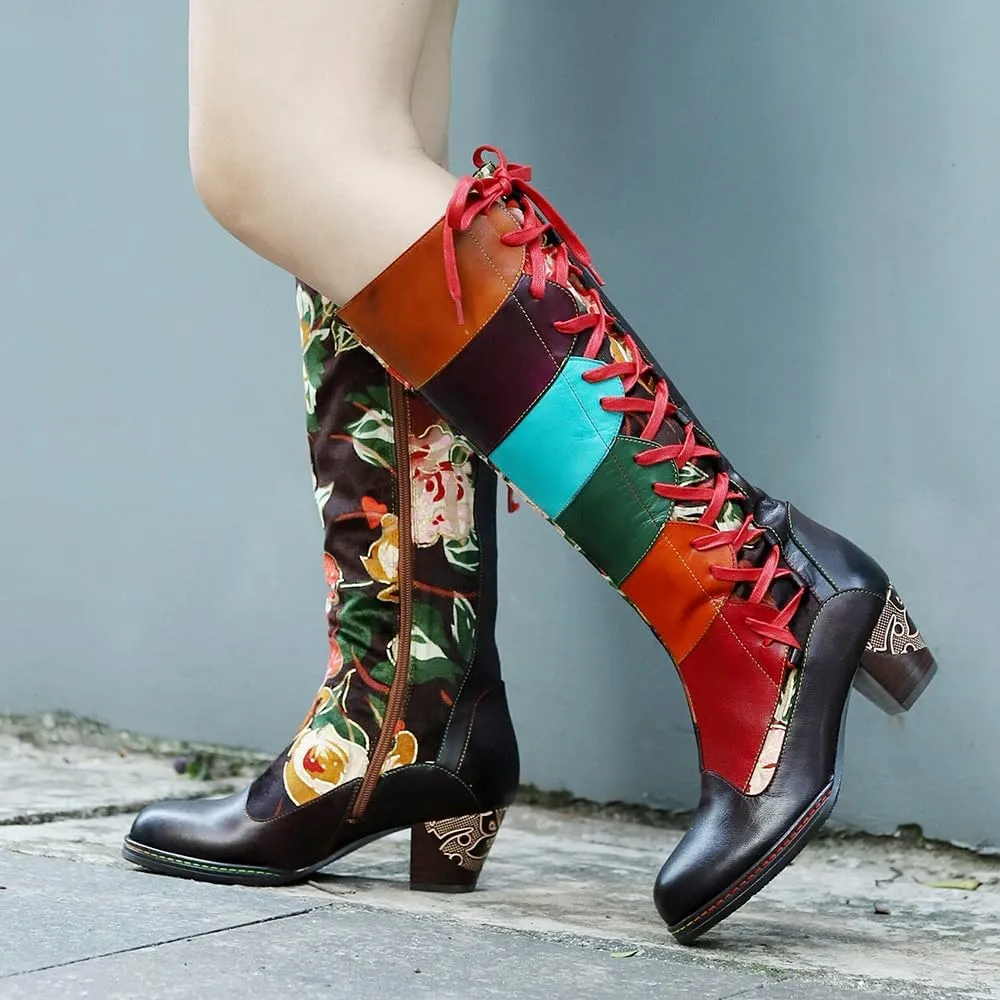 Women's Knee High Boots Floral Patchwork Lacing Chunky Heel Boots Cowboy Cowgirl Boots Vintage Western Mid Calf Boots Fashion Riding Shoes Side Zipper Leather Boots