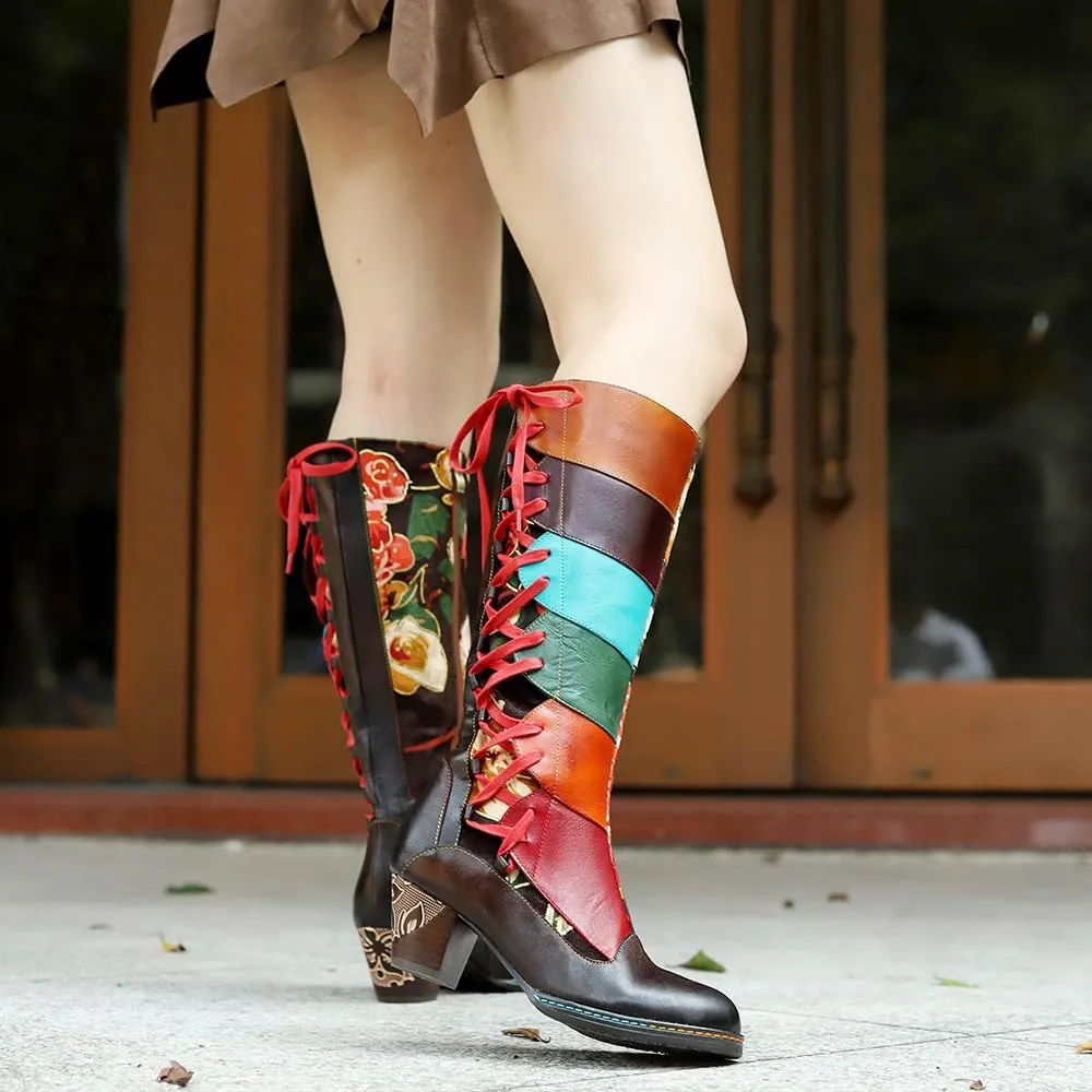 Women's Knee High Boots Floral Patchwork Lacing Chunky Heel Boots Cowboy Cowgirl Boots Vintage Western Mid Calf Boots Fashion Riding Shoes Side Zipper Leather Boots