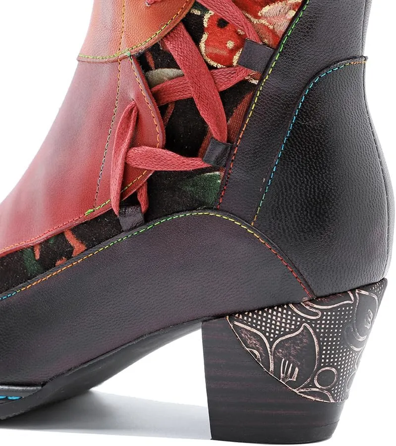 Women's Knee High Boots Floral Patchwork Lacing Chunky Heel Boots Cowboy Cowgirl Boots Vintage Western Mid Calf Boots Fashion Riding Shoes Side Zipper Leather Boots